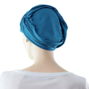Bonnet Chimio Style Casquette Et Turban 2 En 1 En Bambou Turquoise Vue De Derrière