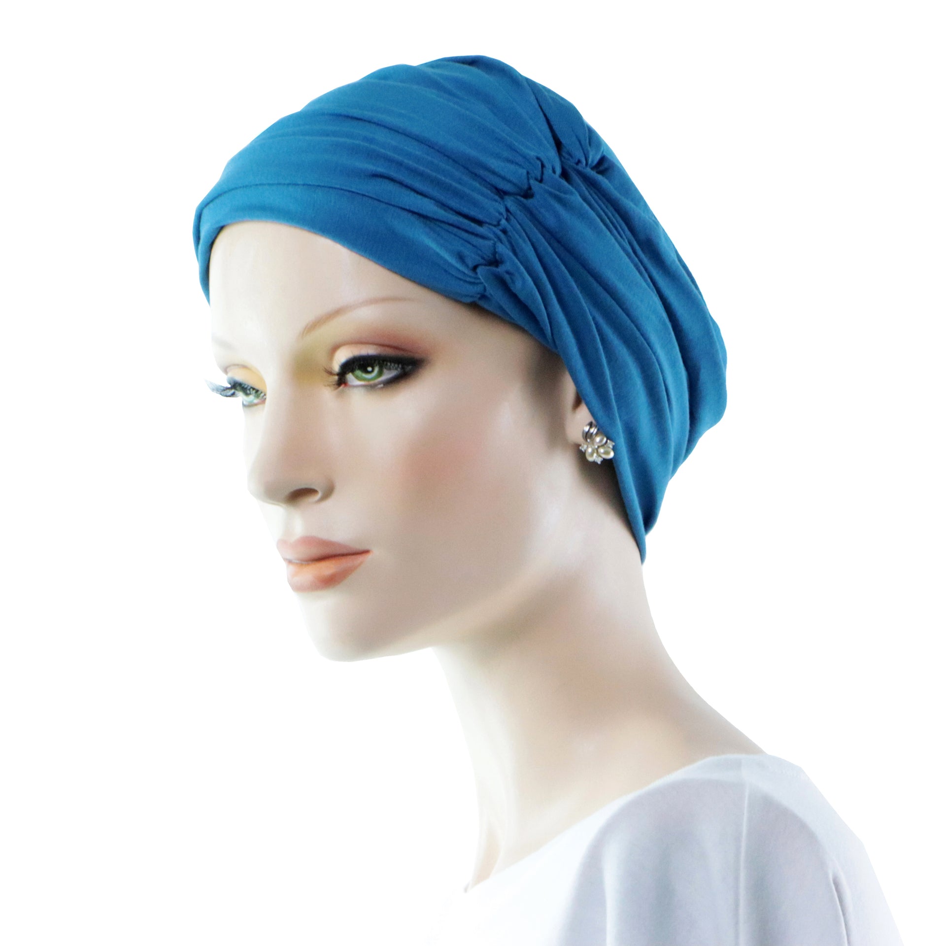 Bonnet Chimio Style Turban Plissé 2 En 1 Convertible En Casquette Pour Femme Turquoise Profil Gauche