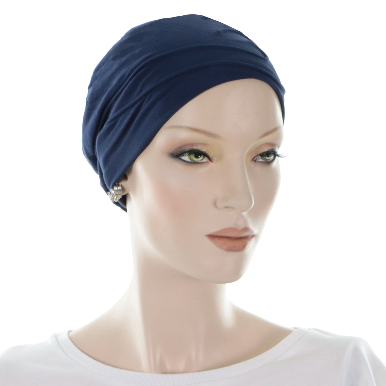 Bonnet Pour Chimiothérapie Élastique En Bambou Bleu Marin Avec Le Tissu Décoré Vue Profil Droit