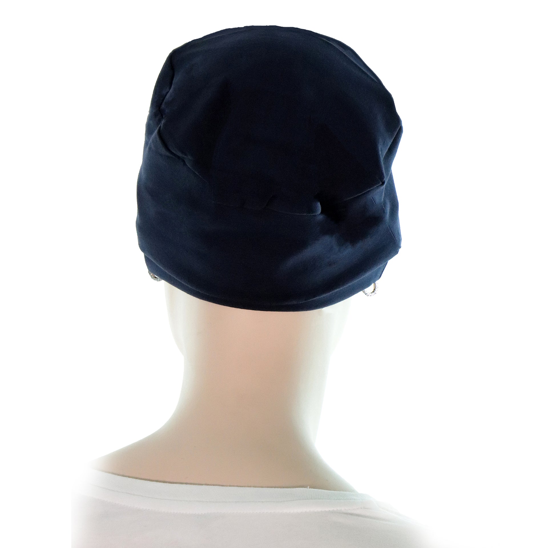 Bonnet Pour Chimio Femme Cancéreuse Bleu Foncé Stretchycap Vue De Derriere