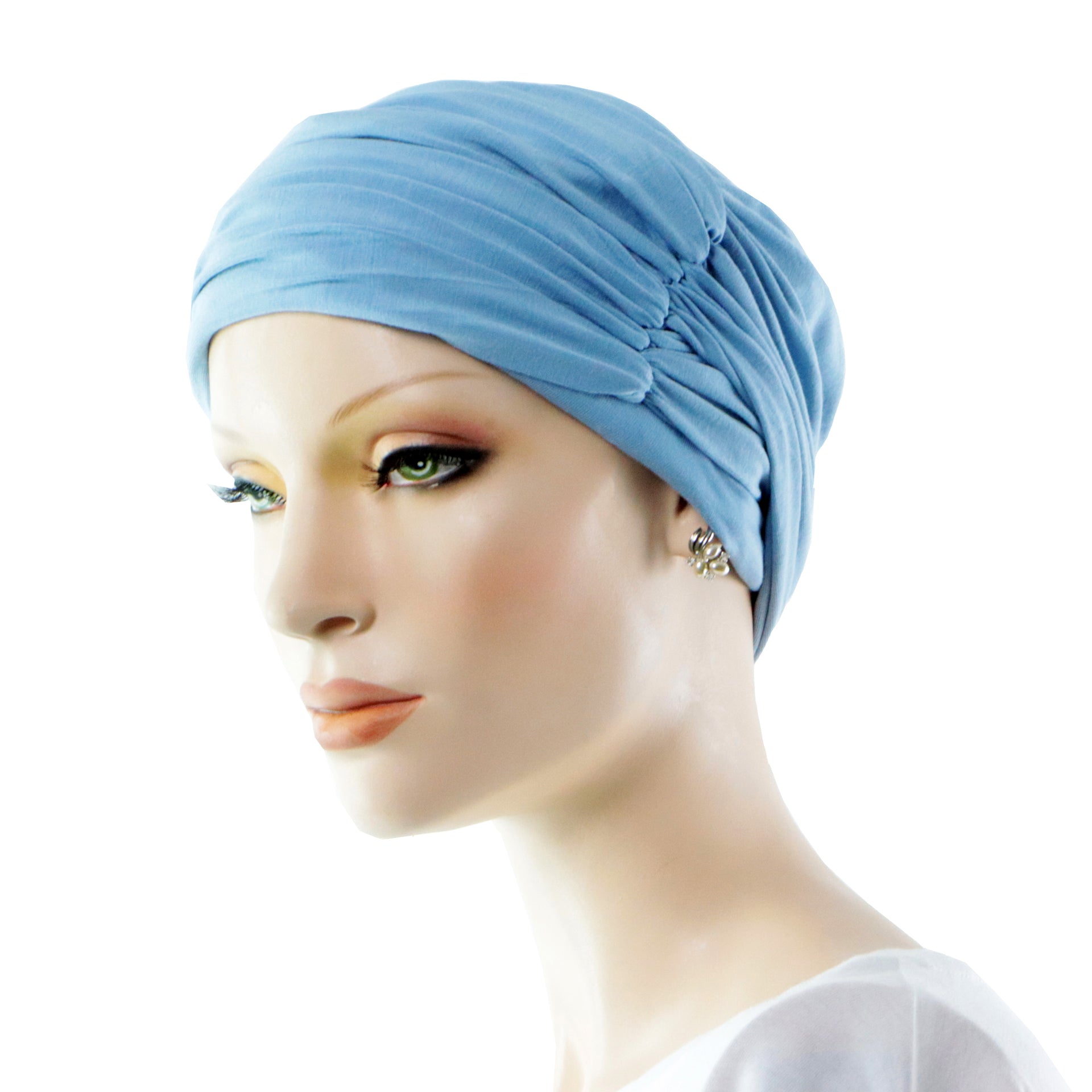 Bonnet Turban Pour Cancer Après Chimio En Bambou Éte Et Hiver Transformable Bleu Clair Profil Gauche
