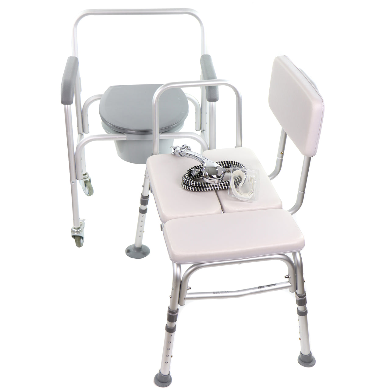 Kit Économique Équipements Adaptés Salle De Bain: Chaise Aisance Sur Roues, Banc De Transfert, Pommeau De Douche, Bandes Antidérapantes