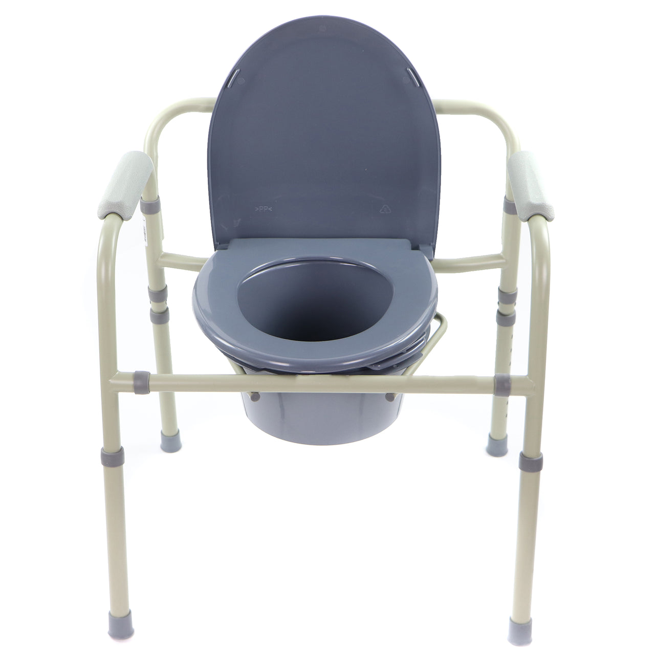 Chaise Aisance À Toilette Ronde Petite Grise Pour Personne Âgée De Base Cadre En Acier Teinté Vue Avant Couvercle Ouvert