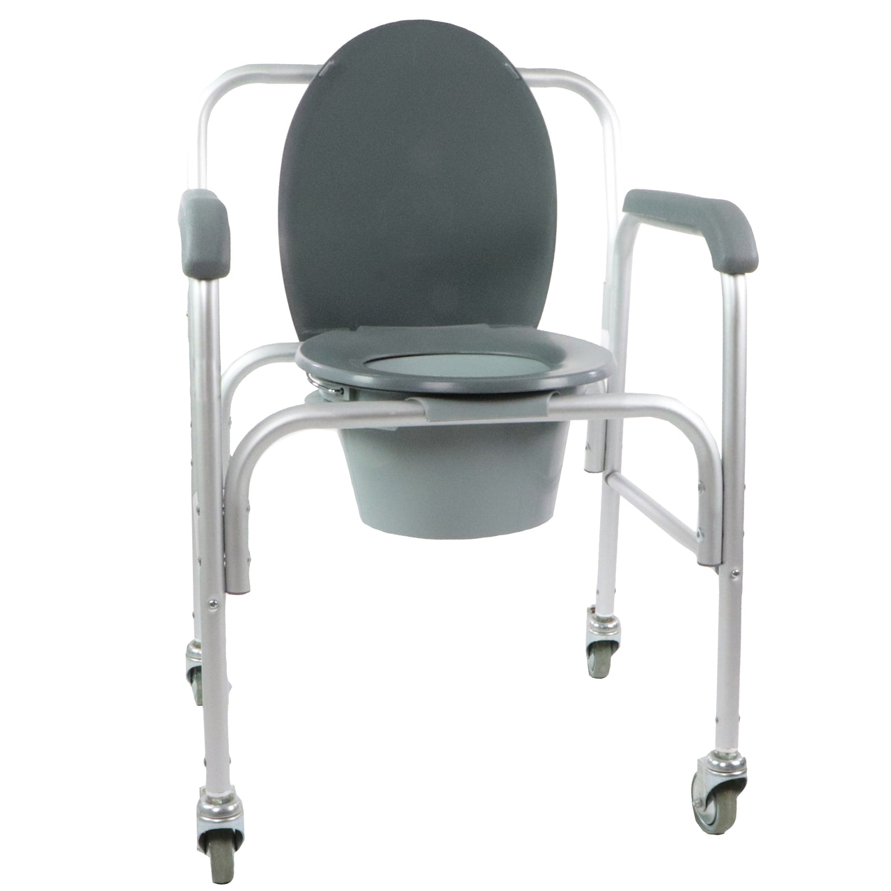 Chaise D'aisance Deluxe À 4 Roues Siège De Toilette Rond Avec Accoudoirs Et Dossier Vue Frontale Avec Couvercle De La Cuvette Ouvert