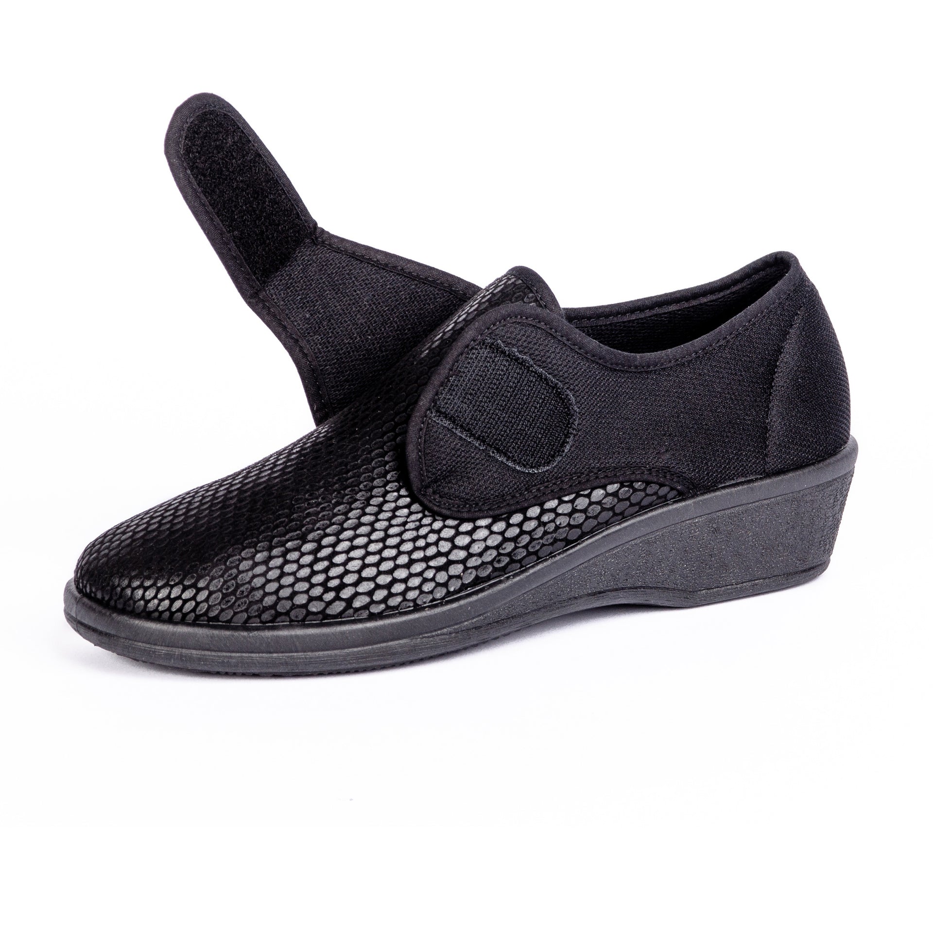 Chaussures Et Pantoufles Orthopédiques 2 En 1 Élastiques Ajustables Noires Vue En Position Ouvertes
