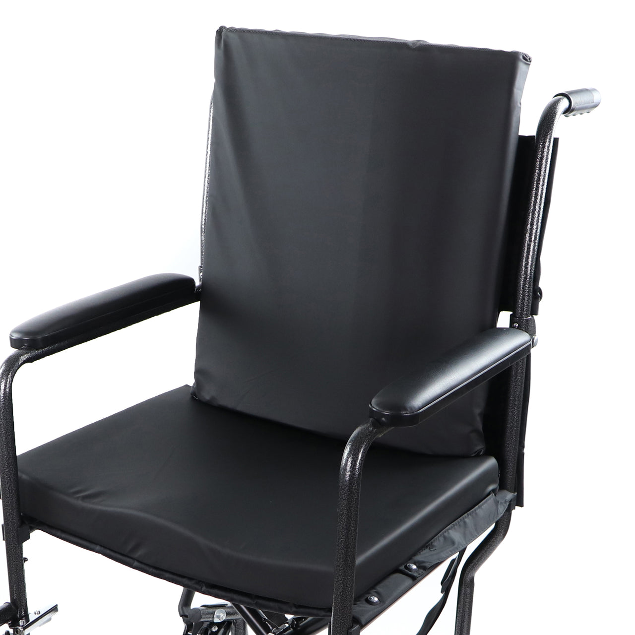 Coussin De Fauteuil Roulant En Mousse Moulée Noire Avec Support Lombaire Vue Rapprochée