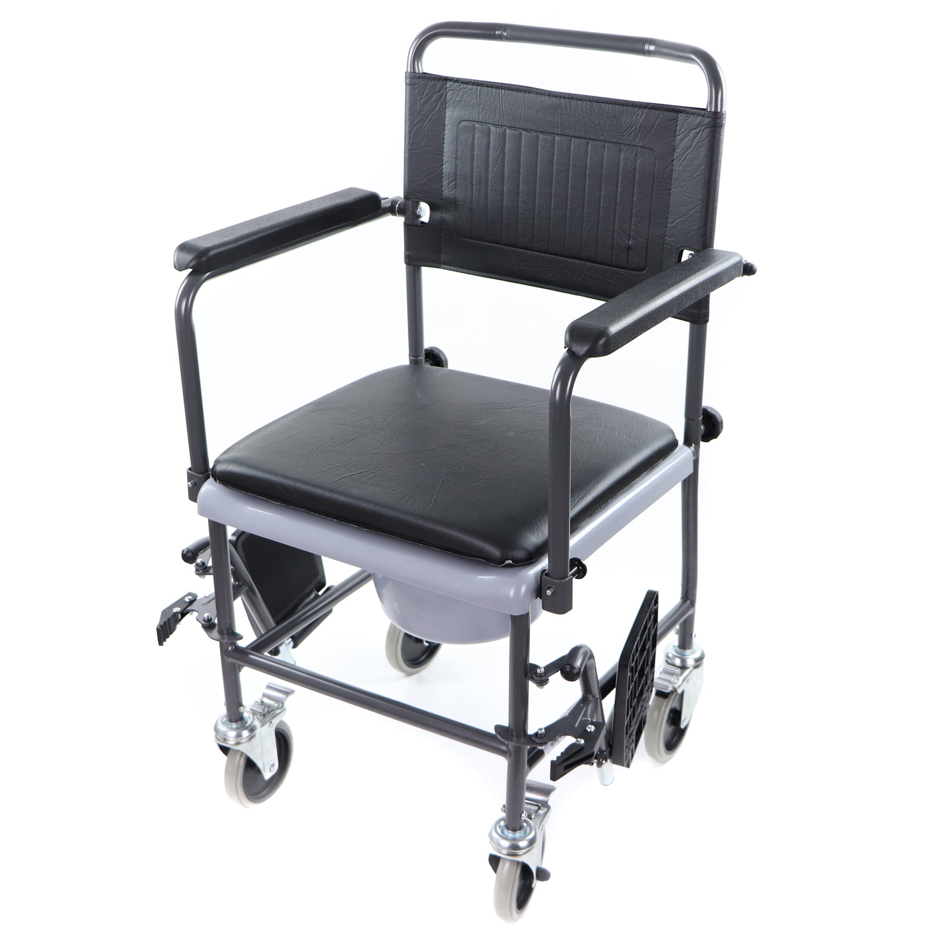 Chaise d'aisance sur roues avec appui-pieds