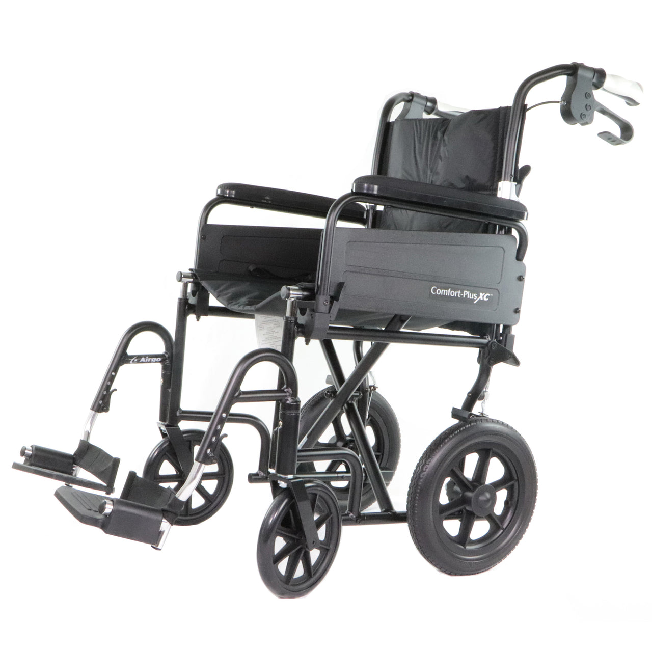 Fauteuil Roulant De Transport Airgo Comfort Plus XC Vue Côté Ouvert Avec Repose-pieds Installés