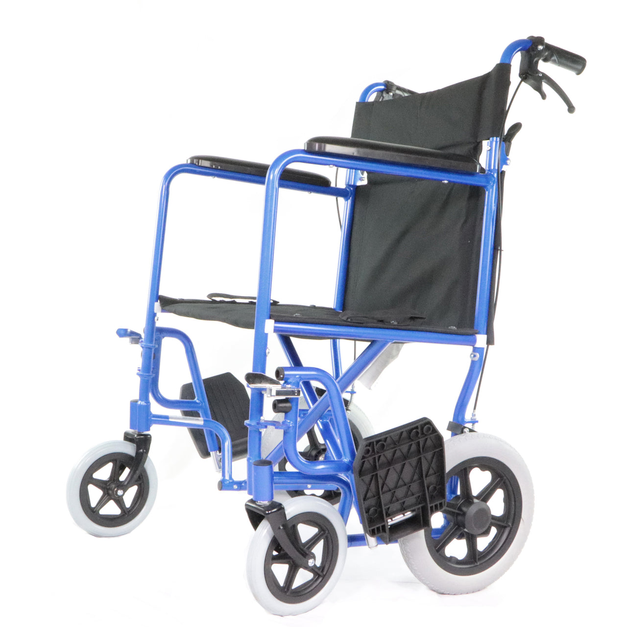 Fauteuil Roulant De Transport Pour Personnes Âgée Bleu Avec Reposes-pieds Rangés Sur Les Côtés