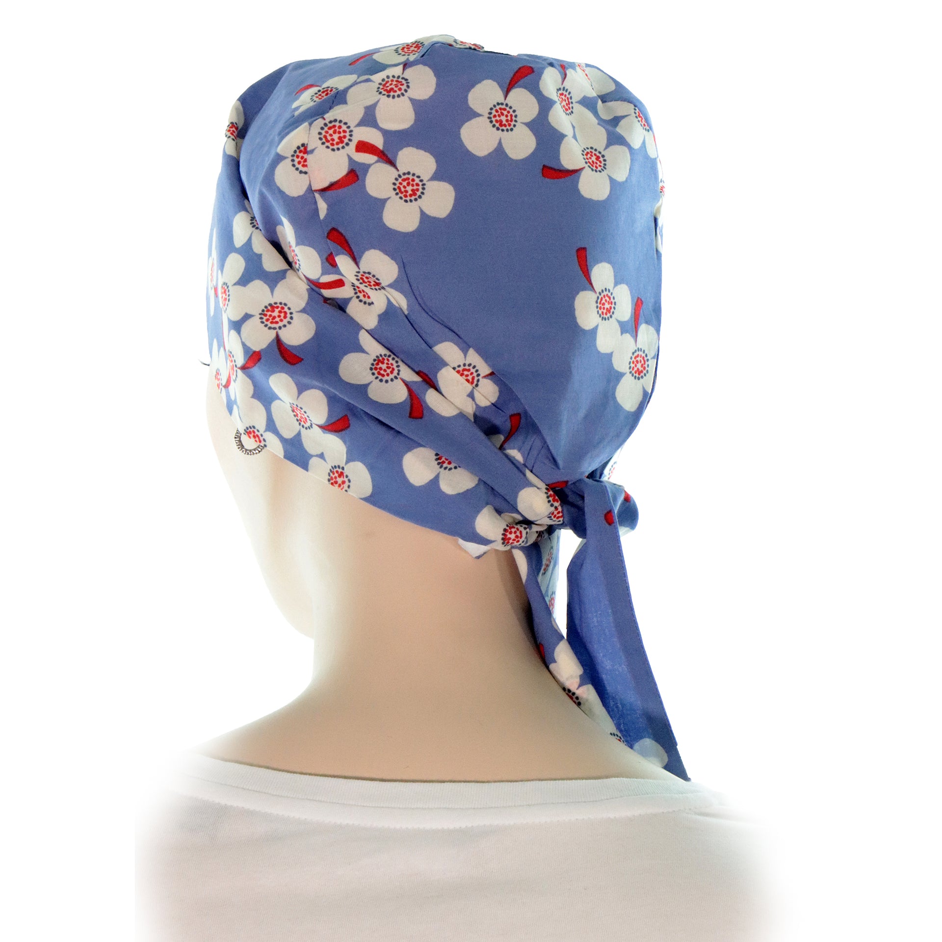 Foulard Pour Chimiothérapie En Coton Pour Femme Cancéreuse Bleu Lavande Avec Motifs Vue Avec Noeud Latéral