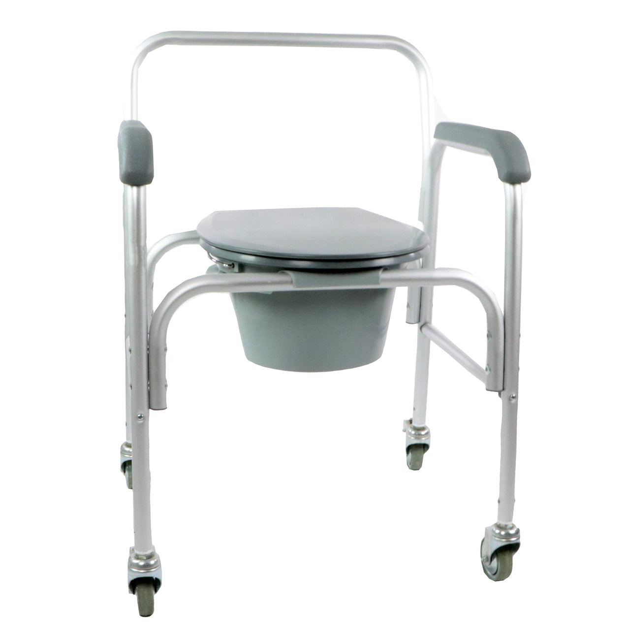 Toilette D'aisance De Luxe À Roulettes Cuvette Standard Accoudoirs Et Dossier Avec Cadre En Aluminium Vue Avant