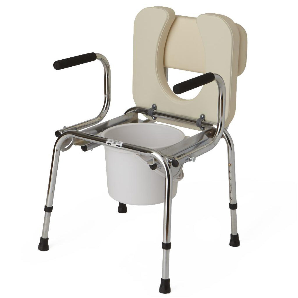 Chaise D'aisance Rembourrée Ivoire Cuvette Levée Accoudoirs Déployés Et Sceau Visible