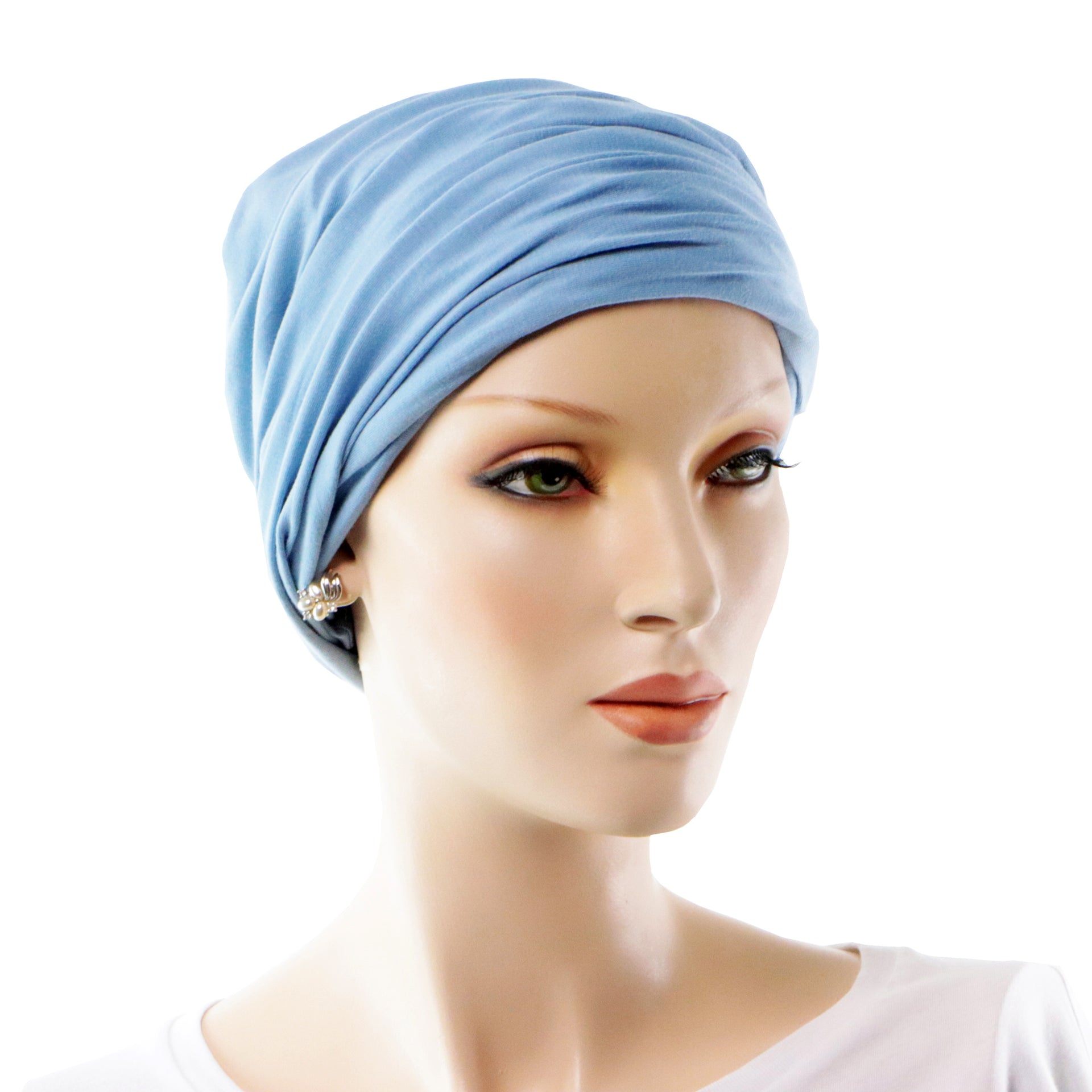 Turban Cancer En Bambou Pour Chimiotherapie Transformable En Casquette Bleu Ciel Profil Droit