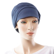 Turban Pour Chimio En Bambou 2 En 1 Converti En Casquette Pour Cancer Bleu Vue Face